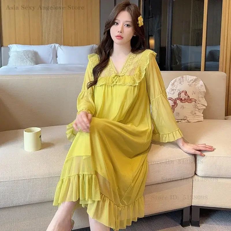 Long Sleeved Mesh Princess Nightdress Spring Summer V-Neck Lace Nightgown Loose Casual Home Dress Palace Style Sweet Sleepwear 5