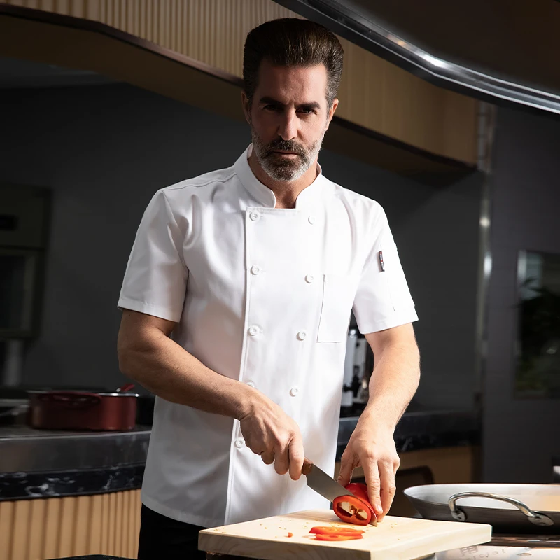 Hochwertige Kochuniform aus Baumwolle, Hotelküchenkleidung, Sommer-Kochhemd, Catering, Bäckerei, Café-Overall, zweireihige Kochjacke