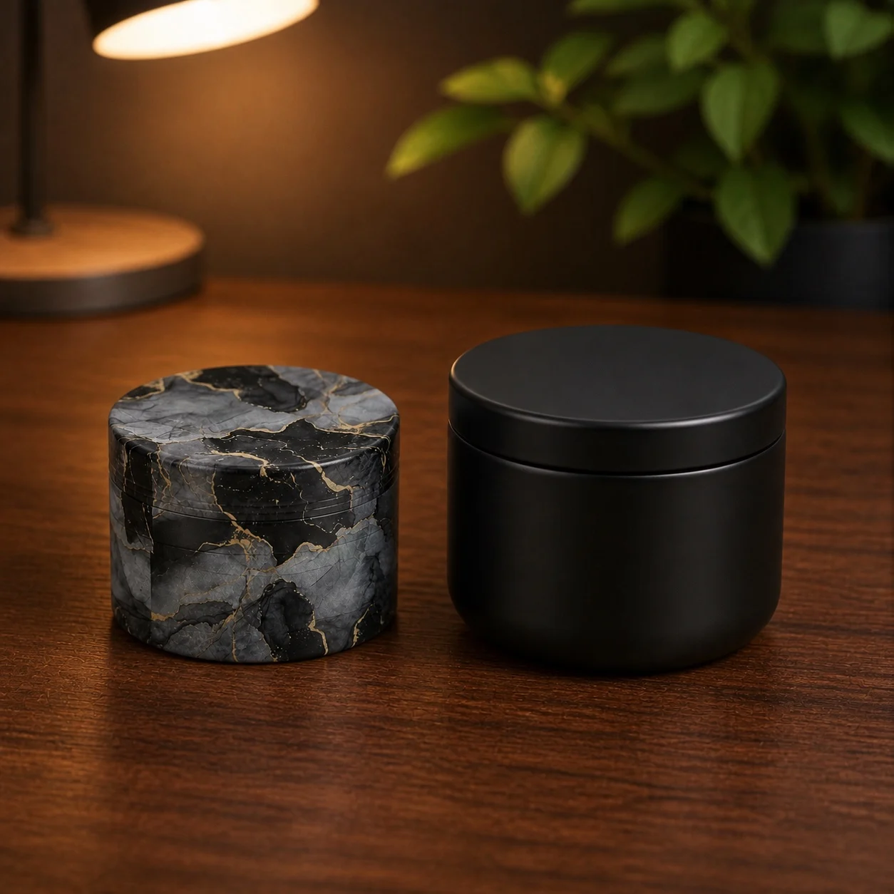 50mm Black and Gray Marble Zinc Alloy Herb Grinder 4 Layer Manual Tobacco Mill with Black Storage Jar Set Smoking Accessories
