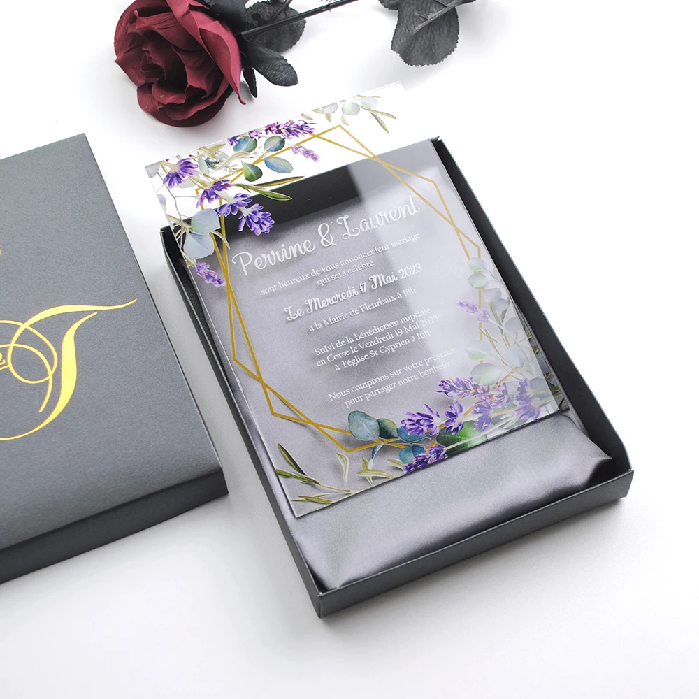 Customized Acrylic Wedding Invitation Card with Blank Box, Purple Flower Design, 10Pcs