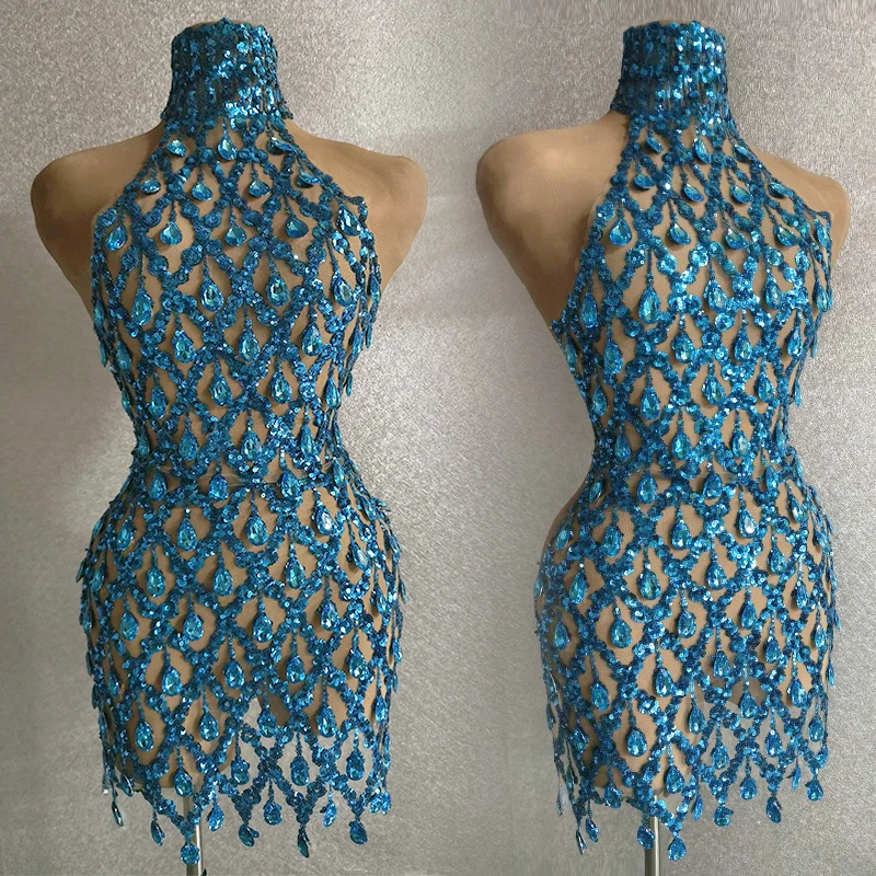 

Blue Sequins Lattice Dress Women Party Banquet Sexy Rhinestones Evening Dresses Drag Queen Costume Ds Dj Rave Outfit VDB7230