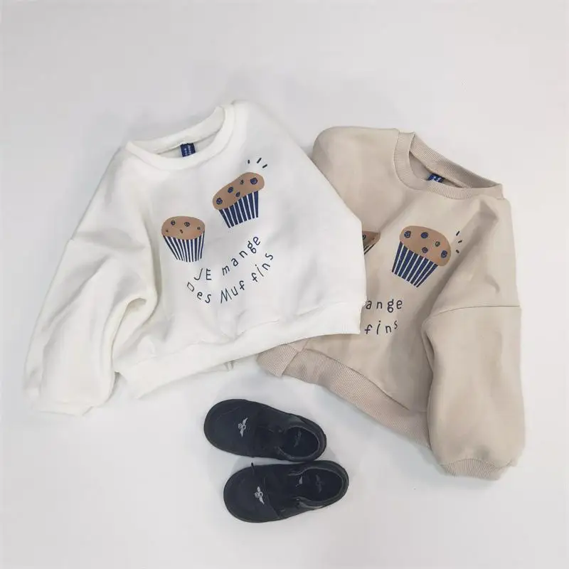 

2025 Winter New Baby Girl Long Sleeve Fleece Sweatshirt Cute Cake Print Children Casual Pullover Infant Boy Warm Sweatshirt