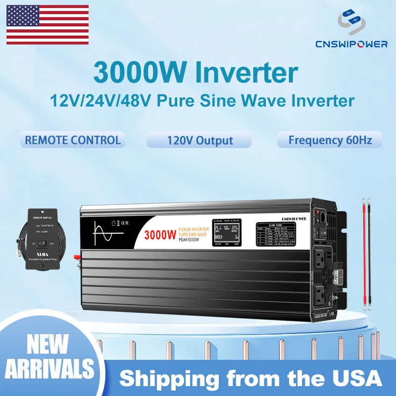 3000W Pure Sine Wave Inverter 12V 24V 48V to 120V 60Hz Power Converter with LCD Voltmeter Aluminum Shell for Home RV Truck Solar Off-Grid System