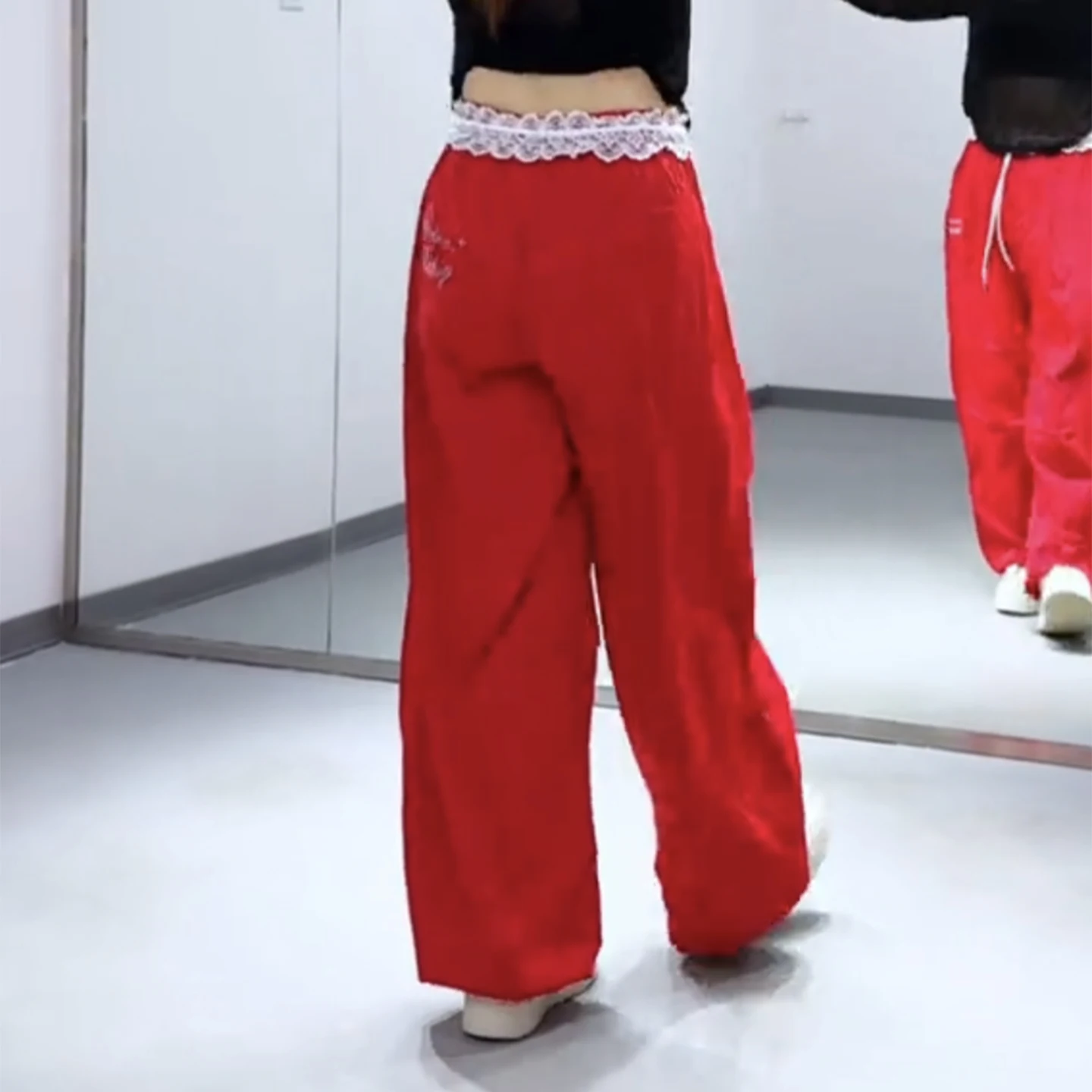 summer-red-lace-splice-casual-square-dance-pants-women's-loose-letter-sports-straight-leg-sweatpants-trendy-long-pants