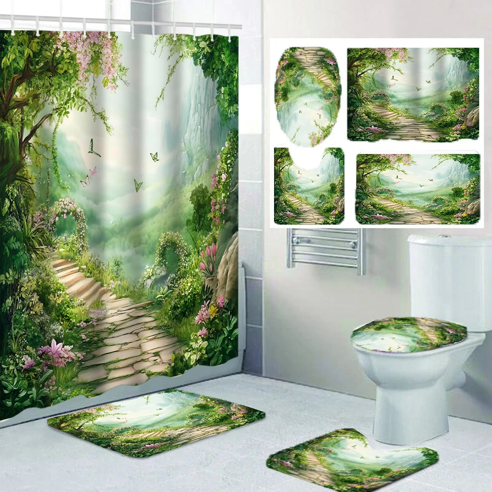 4-piece set of forest landscape pattern bathroom curtains, including shower curtains, bath mats, and U-shaped floor mats