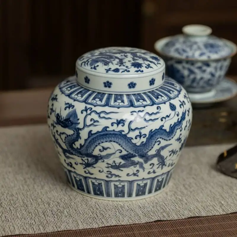 Sacred Mountain Antique Ming Chenghua Blue And White Double Dragon Tianzi Storage Jingdezhen Ceramic Set Canister Tea Jar