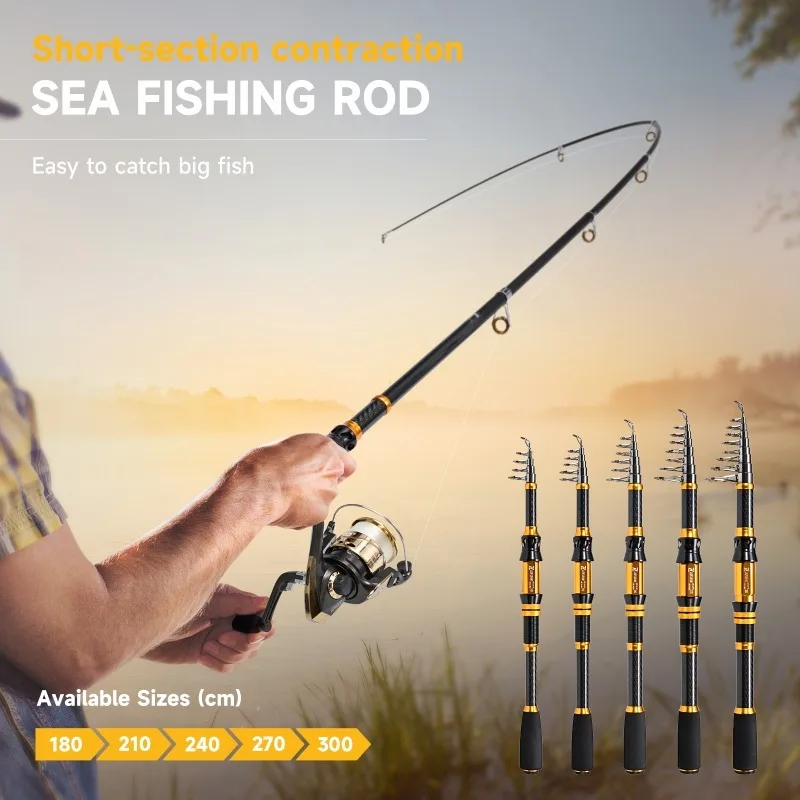 Caña de pescar de mar portátil de sección corta de oro negro, caña de pescar telescópica, caña de pescar con señuelo, equipo de pesca y fundición en el mar