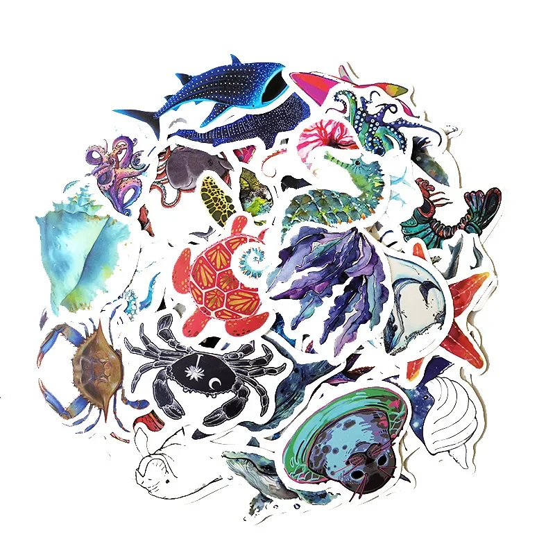 2Sets=100Pcs Blue Sea Creature Stickers Water Cup Notebook Stationery Mobile Phone Waterproof Stickers
