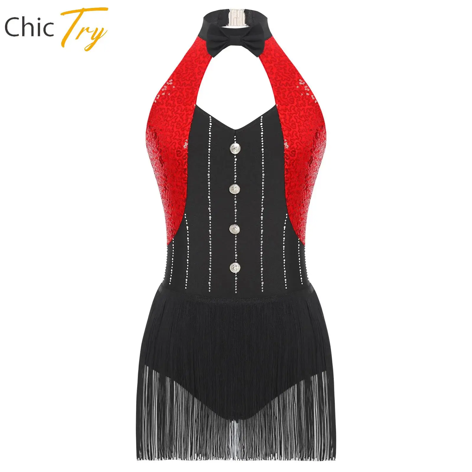 

Sequins Tassel Bodysuit Latin Jazz Dance Leotard for Women Cha-cha Samba Rumba Dancewear Backless Halter Bow Tie Fringe Jumpsuit