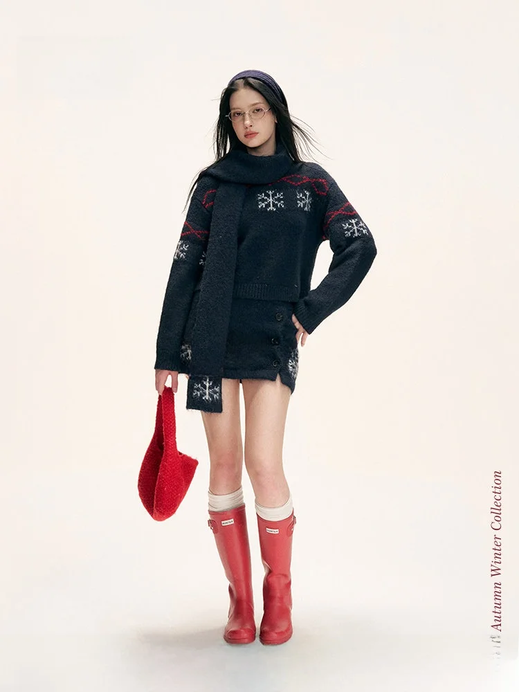 

Комплект Liilou: вязаный свитер, шарф-накидка и юбка из шерстяной смеси в стиле Fair Isle, повседневный зимний модный комплект с высокой талией, прикрывающий бедра