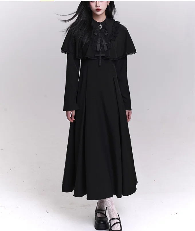 Autumn Winter Fashion High Waist Gothic Japanese Lace-up Black Dress Stand-up Collar Versatile Personality Long-sleeved Dresses