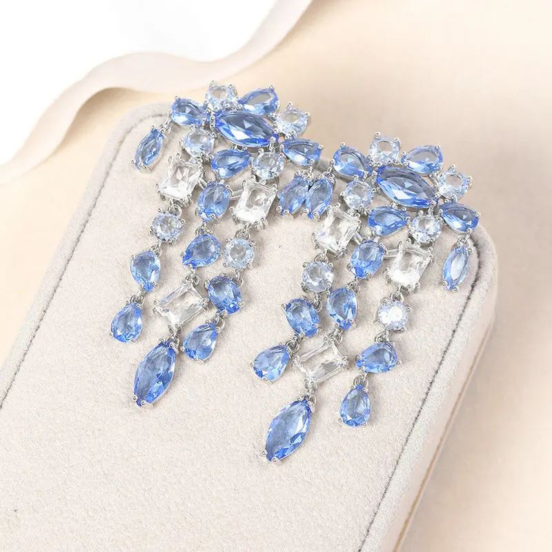 

Bilincolor Fashion Clear Blue Cubic Zirconia Tassel Earring for Women