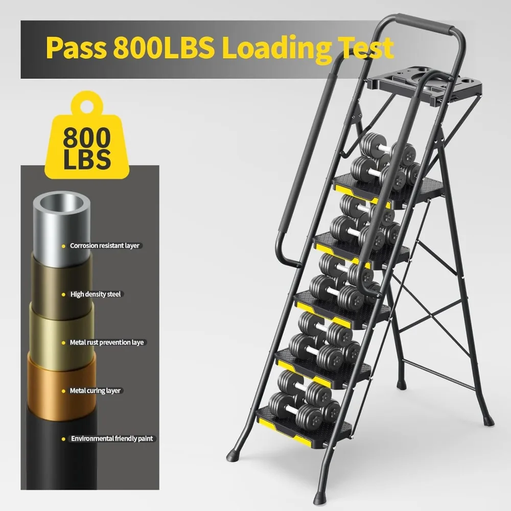 5 Step Ladder with Tool Platform, Folding Step Stool with Handrails, Sturdy Steel Ladder with Wide Pedal, 800 LBS Porta