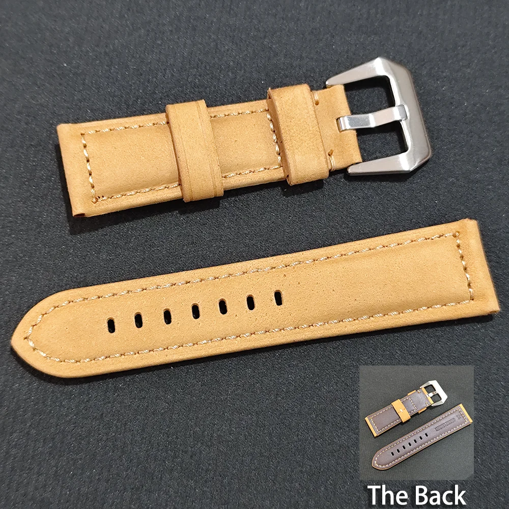 

24mm Band Width Retro Genuine Leather Watch Band Silver Buckle Watch Accessories Wrist Strap Leather Replace Luxury Part