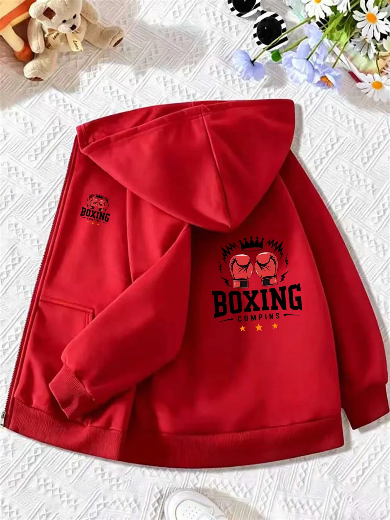 Bright Red Zip Hoodie Side Mini Boxing Gloves Crown Star Print Back Large Vintage Boxing Text Graphic Sports Casual Jacket
