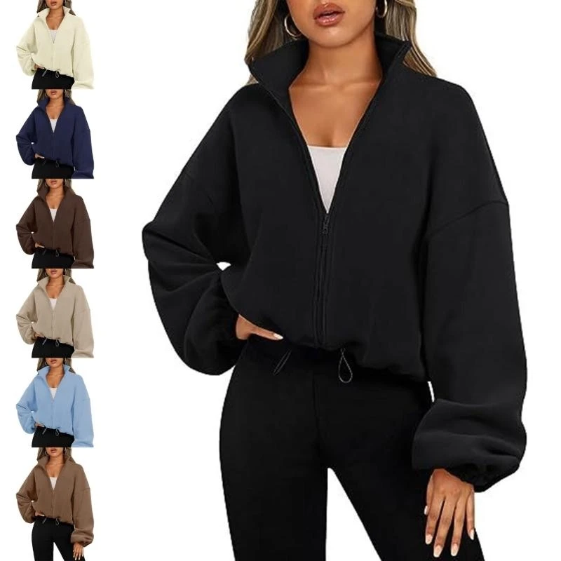 

E15F Womens Zip Up Fleece Cropped Hoodie Fashion Sweatshirts Solid Color Long Sleeve Casual Cropped Coat Outwear