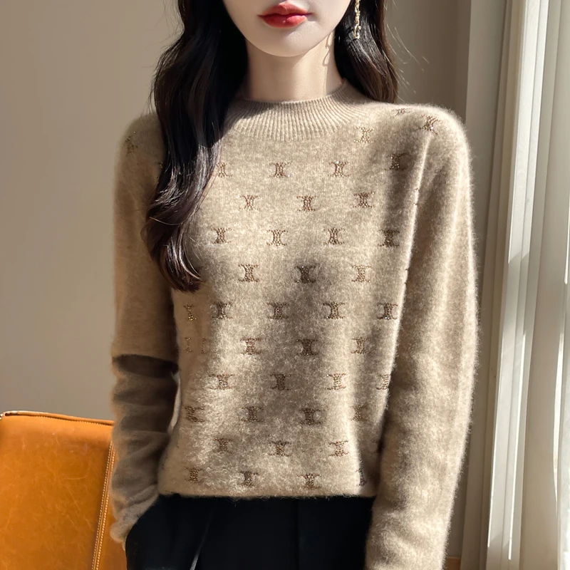 Autumn and winter new 100% pure wool double C rhinestones women's semi-turtle neck loose casual knit bottoming shirt.