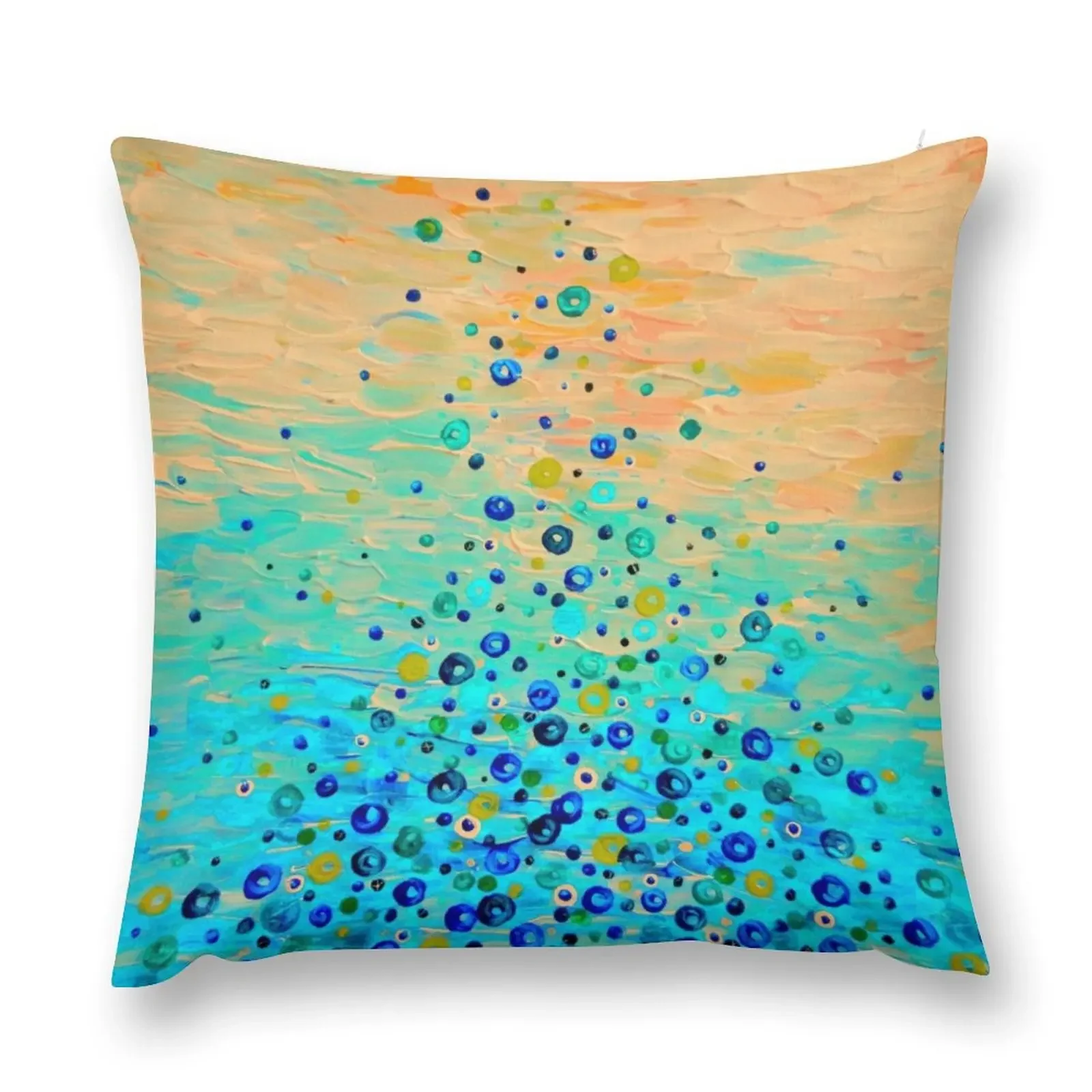 WHAT GOES UP Cheerful Water Bubbles Abstract Aquatic Pattern Cute Turquoise Blue Circles Acrylic Painting Throw Pillow