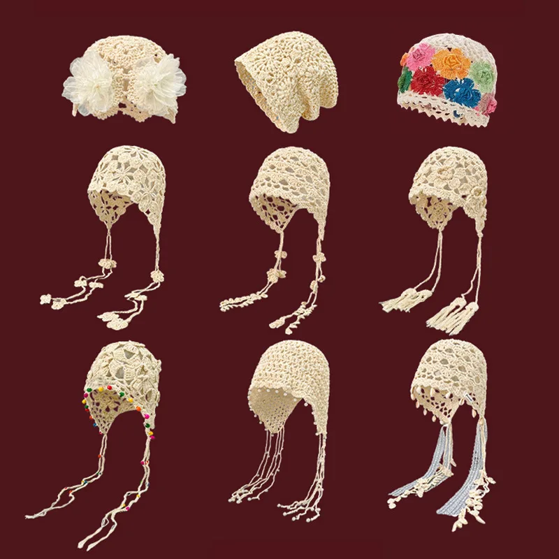 Women's Lightweight Breathable Hand-Crocheted Slouchy Beanie with Floral Openwork and Tassels – Ethnic Style