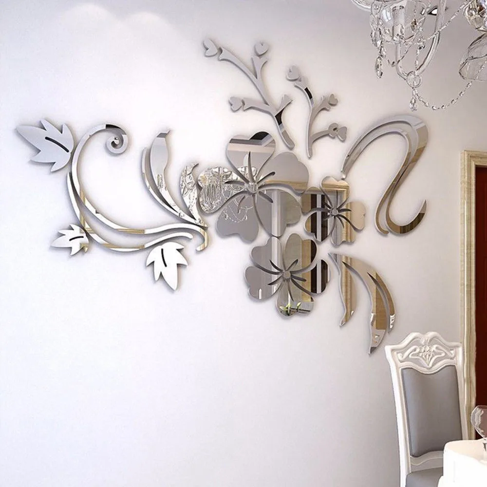 3D Mirror Floral Art Removable Wall Sticker Acrylic Mural Decal Home Room Decor