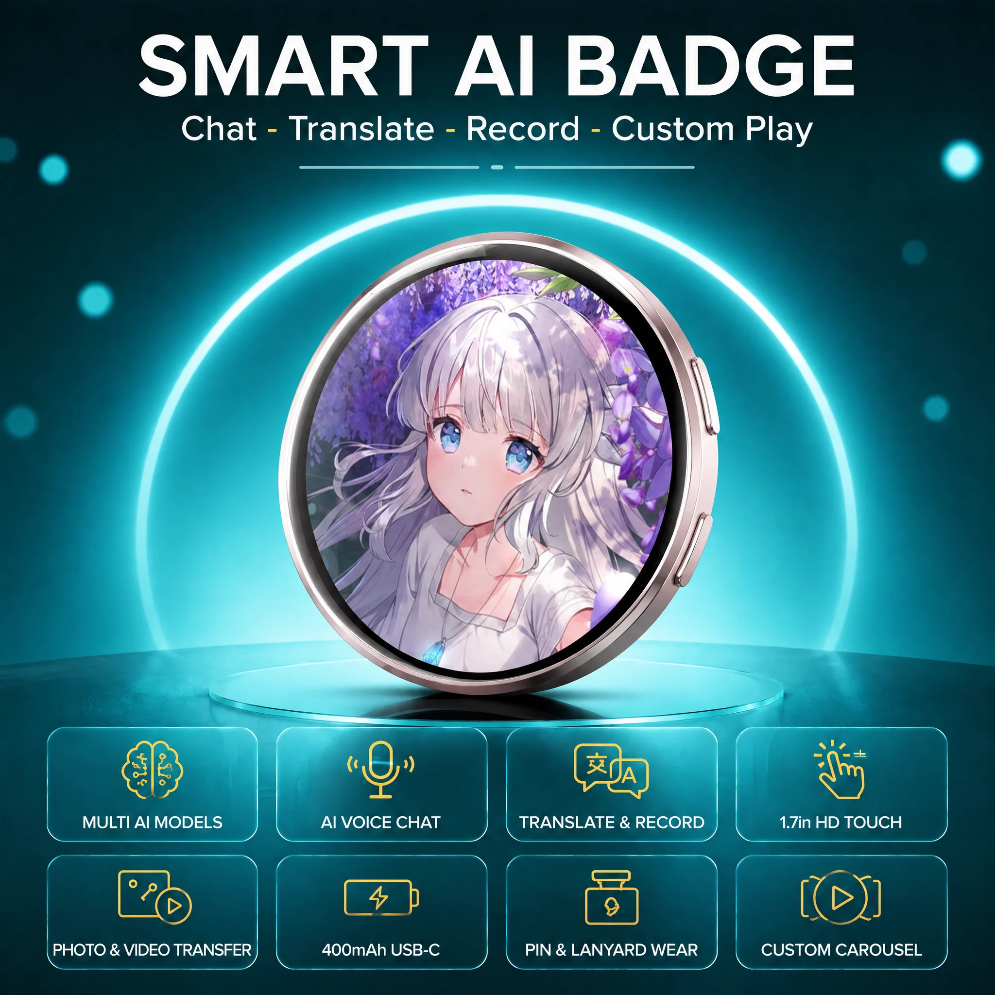 Dynamic Electronic Badge Display Anime E-Badge 1.7inch Touch Screen BT6.0 GIF Video Audible Playback LED Touch Screen Colorful