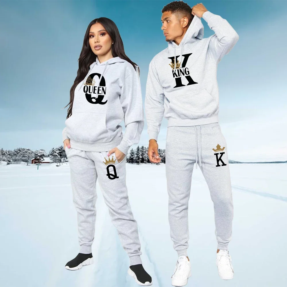 Lovers Couple KING QUEEN Print Hoodie Suits 2 Piece Hoodie and Pants Men Women Hoodie Set Tops Classic Fashion Sportwear Outfit