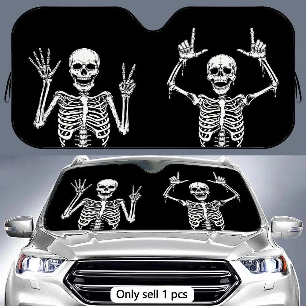 

Funny Skeletons Sun Visor Aluminum Foil Windshield Sunshade with Reflective UV Block Heat Insulation Foldable Universal Fit