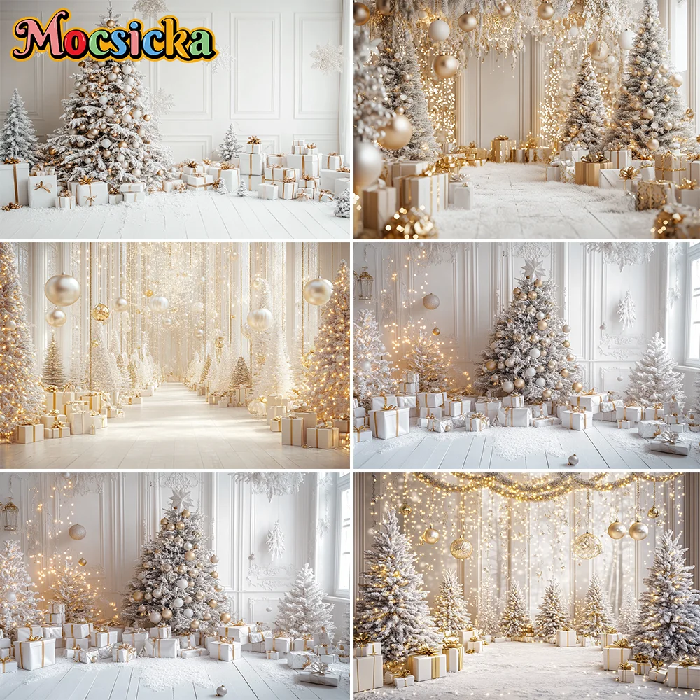 

Photography Background Winter Christmas Snow Forest White Glitter Gift Kids Family Portrait Decor Backdrop Photo Studio