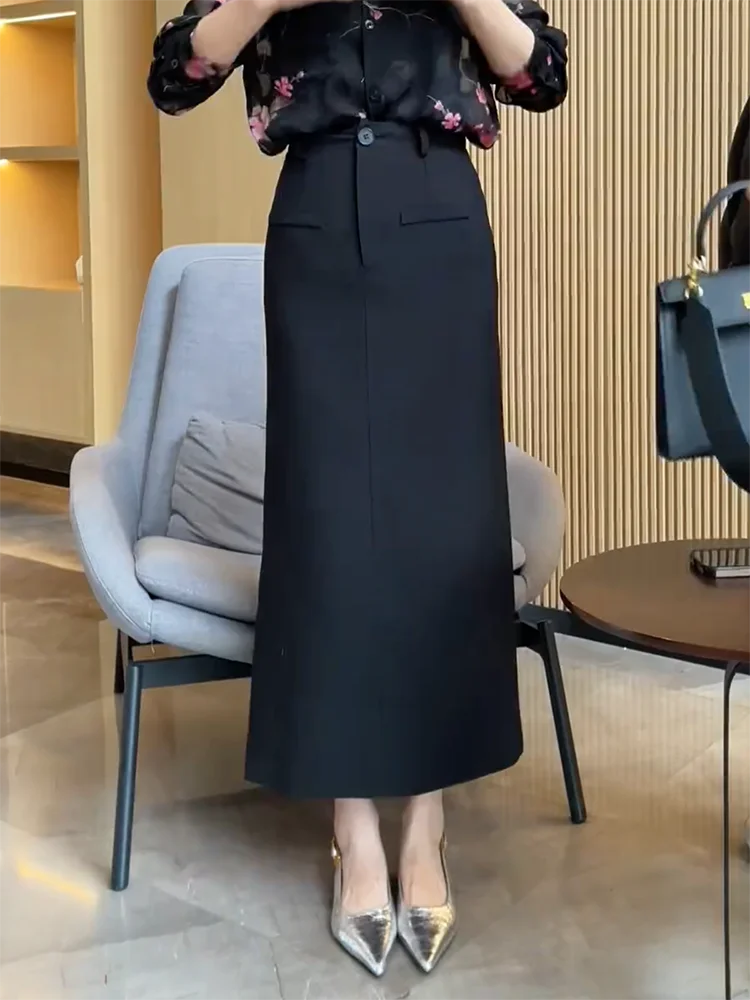 

Ele Mature Bla Commute Skirt High Waist Slimming Straight Tube f-length Spring New Sle plus Size Women's Skirt