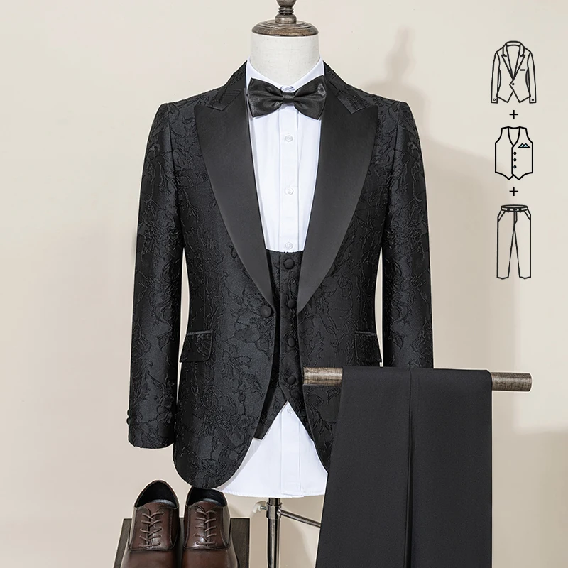 

ST Cassy High Quality black Men's suits Retro carving Party Dress Men's blazer black Male Groom Wedding 3-piece Jacket for men