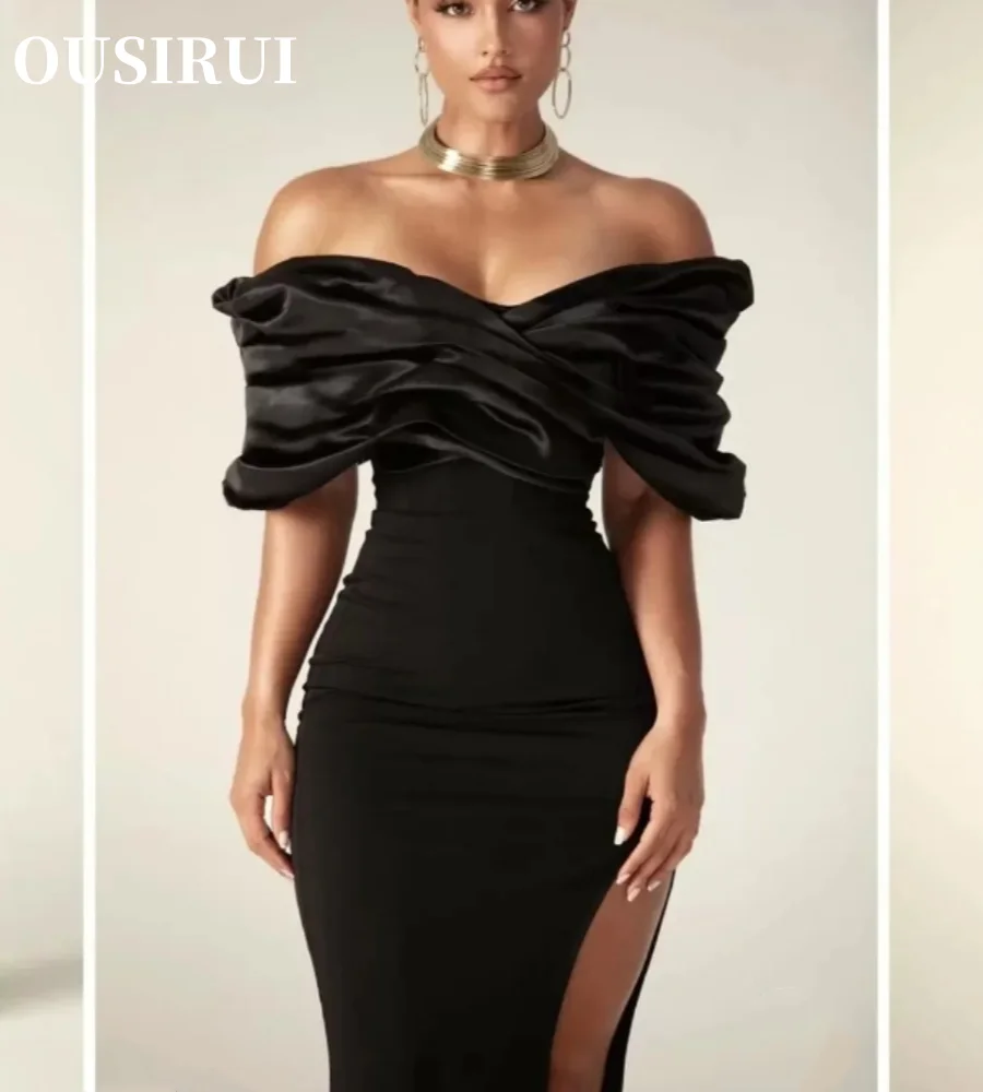 Prom Party Gowns Satin High Slit Off Shoulder Robe de soiree Floor Length 2024 New Split Black Formal Evening Dresses Celebrity