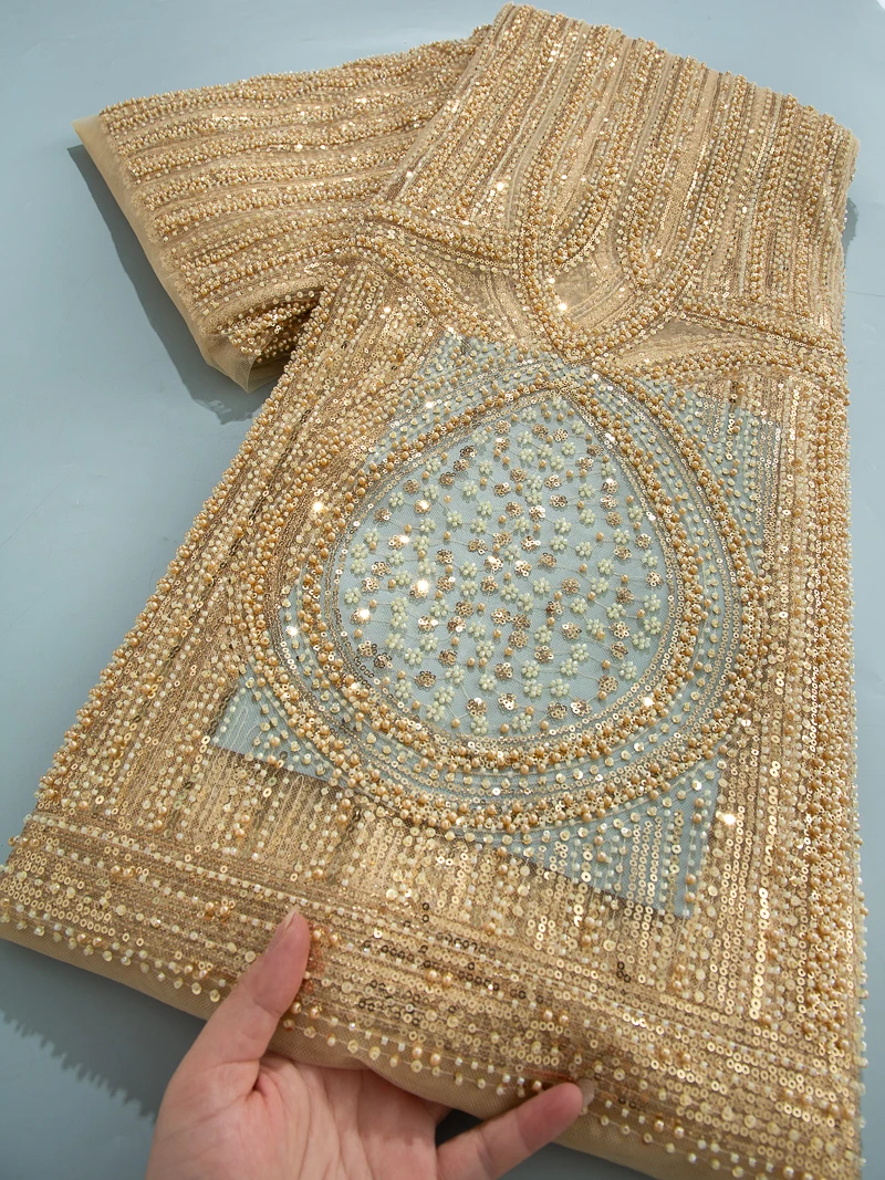 

Golden French Mesh Lace Fabrics Latest 2025 African Lace Embroidered Fabric Beading with Rhinestone Dresses for Women,5yards4585