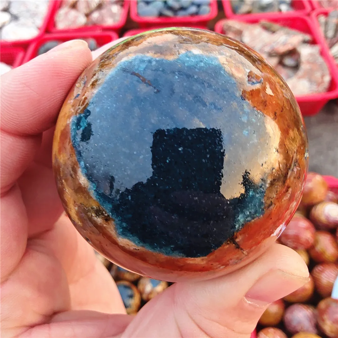 Rare Natural Gemstones GOLDEN Sunstone AND Blue Apatite Symbiont Crystals Ball Spheres Room Decoration Paragenic Ore Minerals