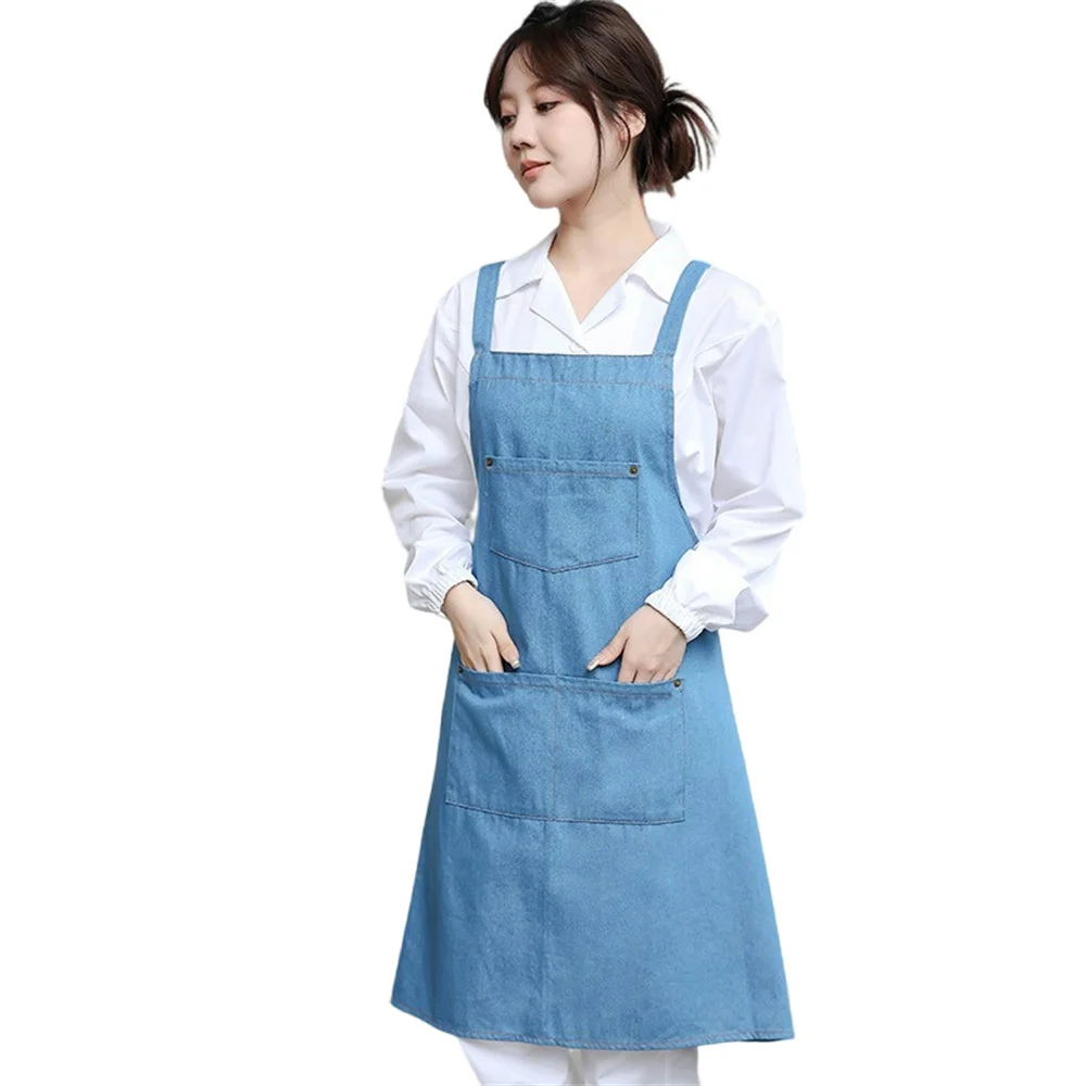 Adjustable Denim Cooking Apron For Men And Women Home Use Oil Proof Solid Color Pocket Safety And Health Waiter Kitchen Supplies