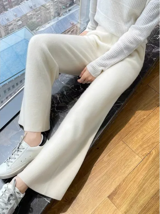 White Thiened 00% Australian Wool Wide Leg Pants Women's Autumn Winter High Waist Casual Knitted Drapey Straight Leg Trousers