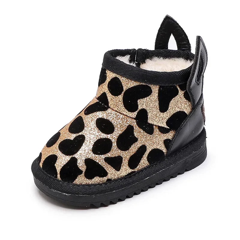 Bota de neve leopardo de meninas e meninos com orelhas bonitas, sapato infantil, bota de tornozelo quente para meninos, luxuoso, inverno