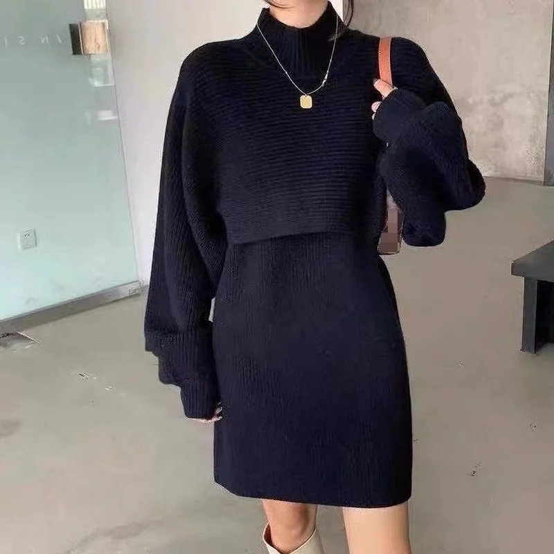 Autumn Winter Loose Knit Solid Pullover 2 Piece Set Women Fashion Turtleneck Sweater Jumper+Elegant Vest Dress Suit Office Lady