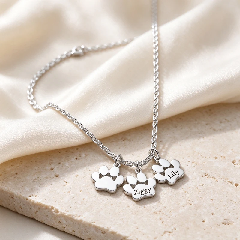 Custom Engraved Paw Print Name Necklace Personalized Stainless Steel Women's Multiple Dog Cat Name Pendant Jewelry Memorial Gift