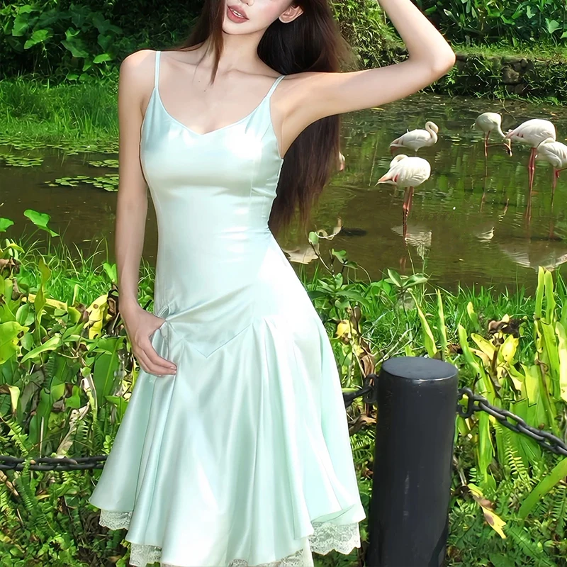 Back Bandage Patchwork Lace Slip Dress Women V-neck A-line Midi Dress Elegant Fashion Sleeveless Tank Dress Ladies Apricot Green