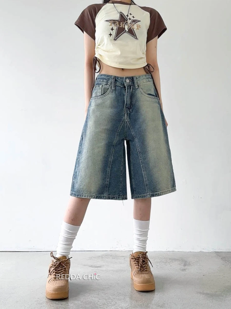 ReddaChic Vintage Blue Gradient Denim Shorts Women High Rise Wide Leg Casual Pants Baggy Jorts Unisex Trousers Y2k Streetwear