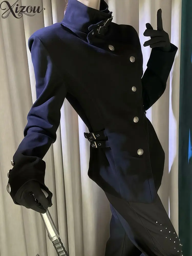 Punk Coat Gothic Short Jacket Asymmetric Diagonal Buttons Buckle Strap Stand Collar Long Sleeve Slim Fit Outerwear Autumn Trench