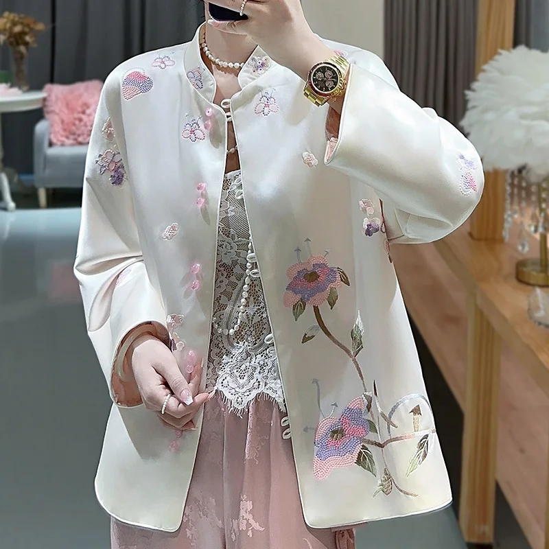 High-End  Autumn New Acetate Embroidered Flower Women\'s Stand Collar Double Breasted Soft And Smooth Lady Jacket S-XXL