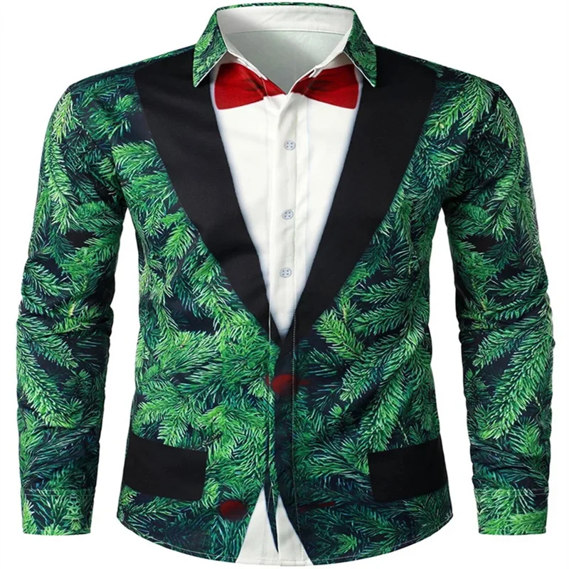 Brand New Men\'s Christmas T-Shirt Long Sleeve Button Shirt HD Christmas Tree Pattern Soft and Comfortable XS-6XL