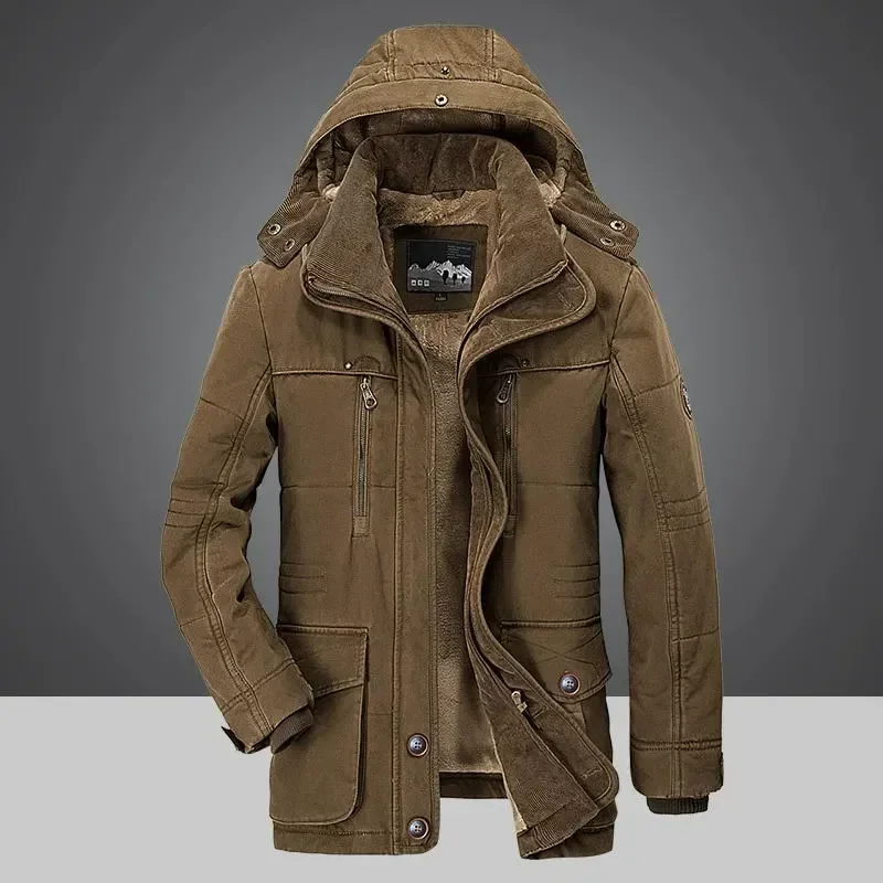 Parkas de lã com capuz masculino com bolsos múltiplos, jaquetas grossas quentes, casacos masculinos, tamanho grande, militar, Plus Velvet, 5XL, 6XL,