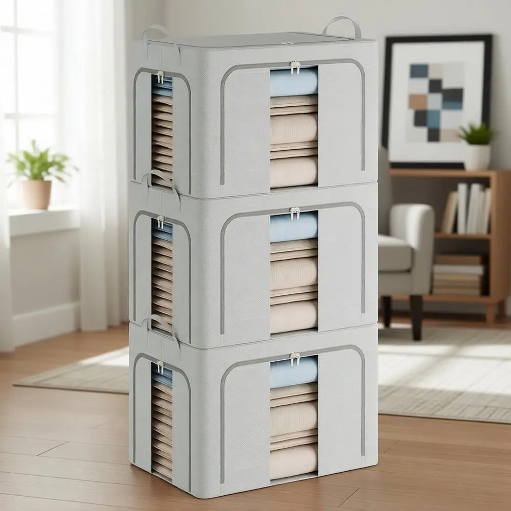 

Stackable 100L Grey Cloth Storage Bins with Clear View Windows and Metal Handles