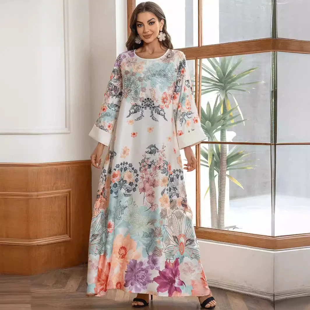 

Middle East Saudi Arabia Morocco Muslim Luxury Fashion Islamic Ramadan Robe Nail Diamond Printed Women's Dress