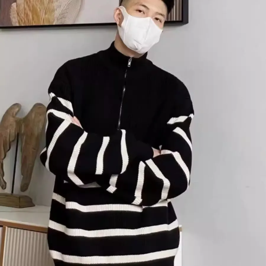 سترة رجالية كاجوال محبوكة بسحاب للخريف والشتاء بطبقة أساسية مخططة irt Hong Kong Sle عصرية غير رسمية متعددة الاستخدامات...