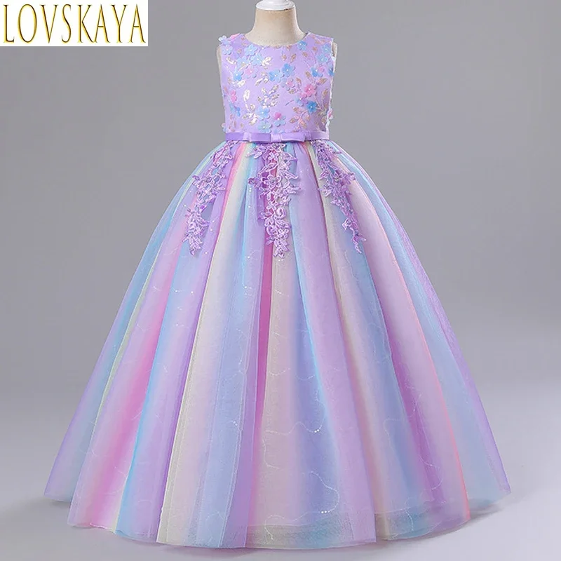 Girl's Sequin Princess Dress 4-12 Year Old Embroidered Colored Mesh Long Dress Flower Boy Ball Evening Dress Halloween