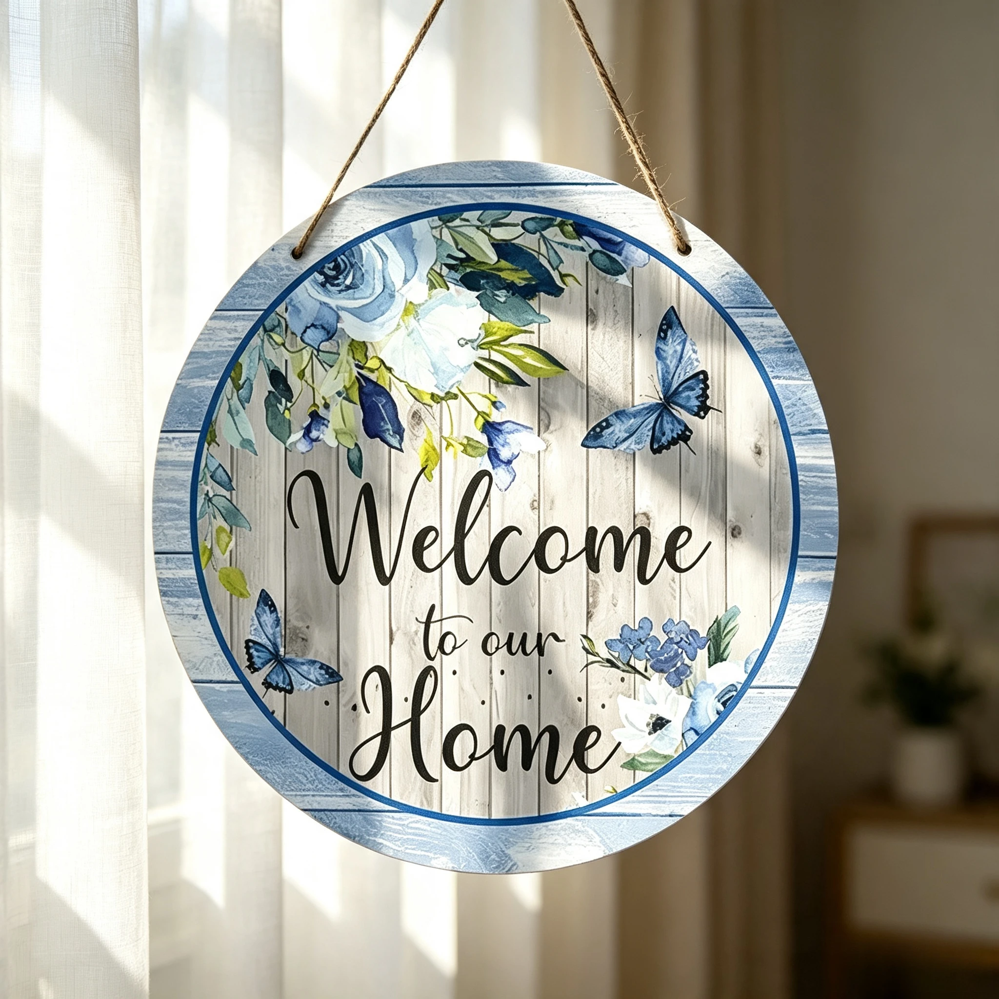 Grey Wood Grain Blue Flower Welcome to Our Home Acrylic Round Door Hanger