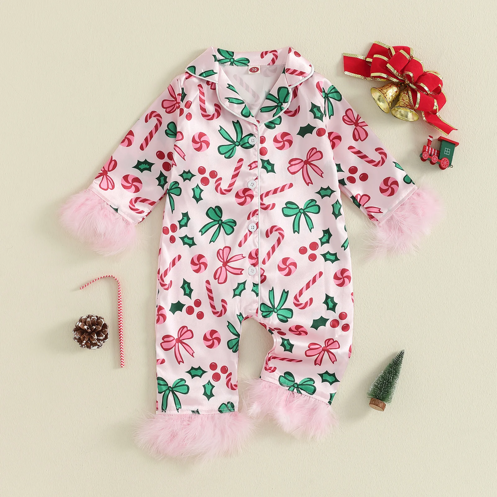 

Toddler Baby Girls Footless Pajamas Fashionable Christmas Candy Cane Printed Lapel V Neck Long Sleeve Satin Jumpsuit